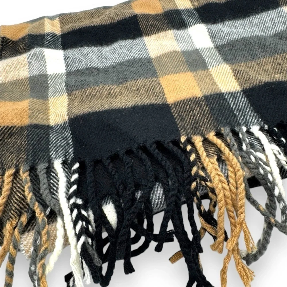 100% Cashmere Hand Tailored Made In Germany Neutral Plaid Unisex Scarf, 12x63 - Picture 5 of 11